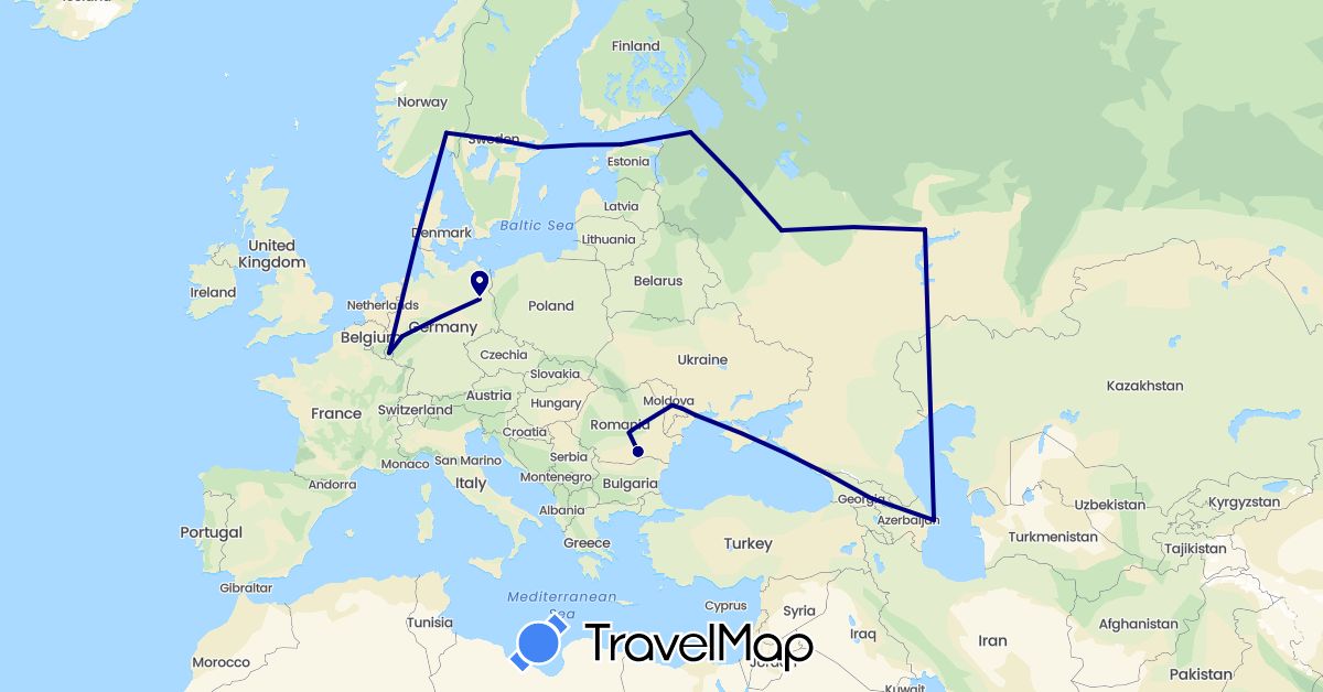 TravelMap itinerary: driving in Azerbaijan, Germany, Estonia, Georgia, Luxembourg, Moldova, Norway, Romania, Russia, Sweden, Ukraine (Asia, Europe)