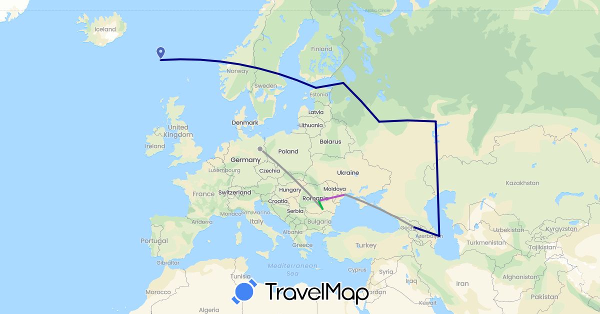 TravelMap itinerary: driving, bus, plane, train in Azerbaijan, Germany, Estonia, Faroe Islands, Romania, Russia, Ukraine (Asia, Europe)